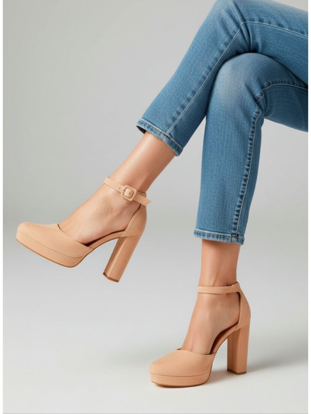 Nude Platform Block Heel Ankle Strap Pumps For Women Faux Suede Material